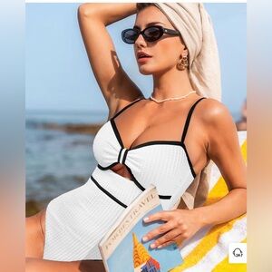 NWT Coastal Rib Knotted Cutout Piping One-Piece Swimsuit